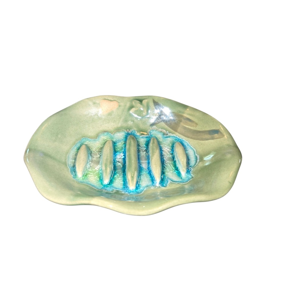 Unbranded Soap Dish 5.5"X4.25"X1" Olive Green Blue Crackle Glaze Ceramic Artisan